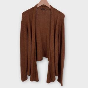 Eileen Fisher Alpaca Wool Silk Knit Open Front Brown Cardigan